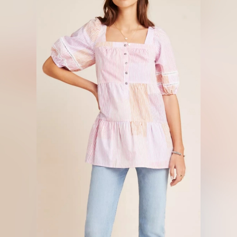 Maeve Pink Orange Stripe Tiered Tunic Puff Sleeve Square Neck XSP Anthropologie